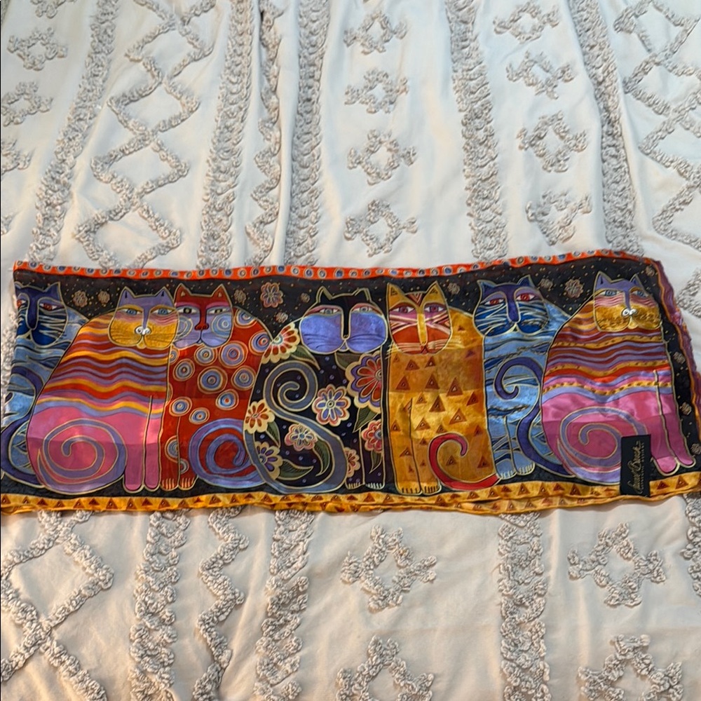 Laurel Burch Pink and Gold Cat Design Scarf